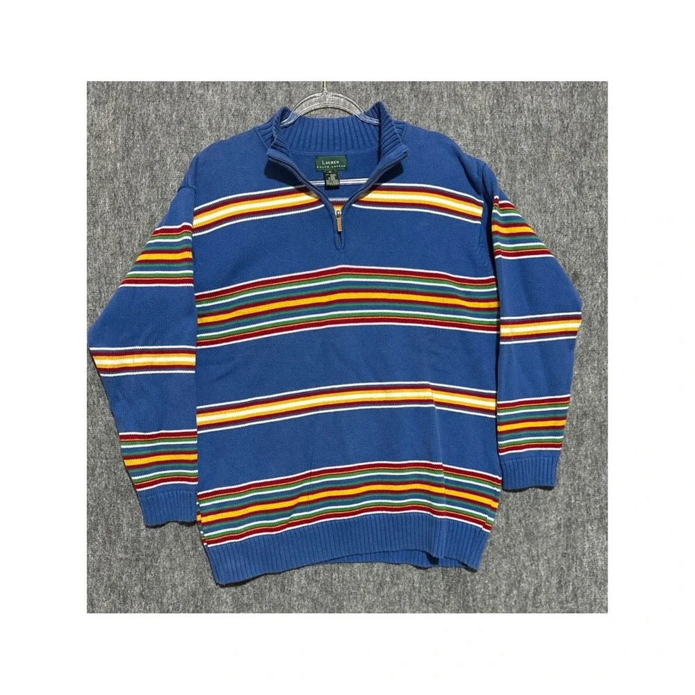 Lauren Ralph Lauren Blue Striped Quarter Zip Cotton Sweater 1XL Womens Mock Neck